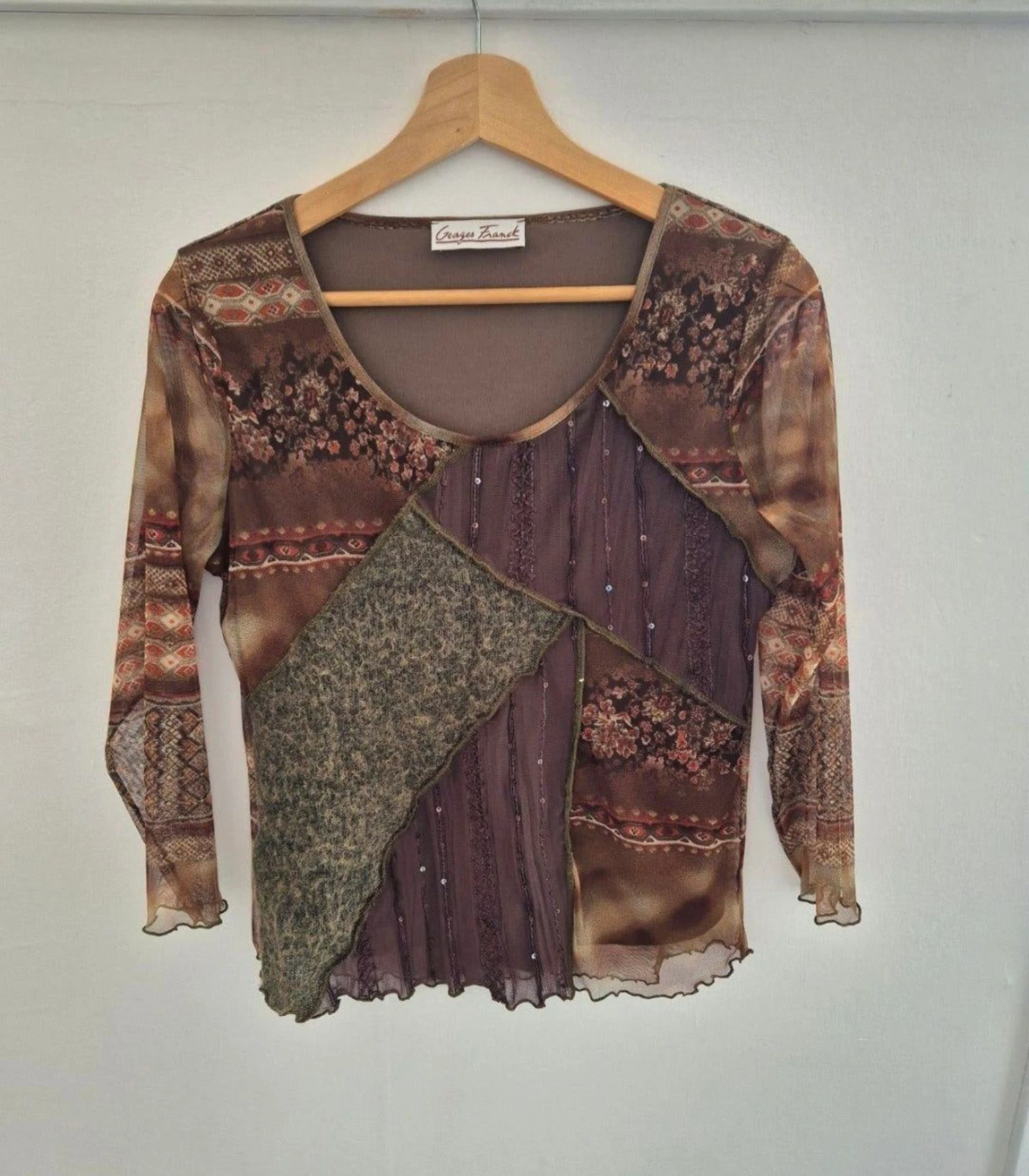 Vintage Georges Franck Y2K Patchwork Mesh Top met Pailletten – Maat 42/44